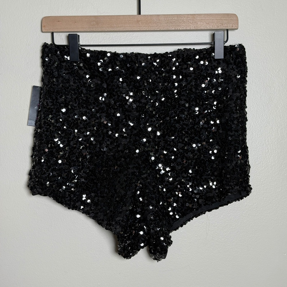 BodyRage Womens Shorts L Black Sequin Ring Pull Zipper High Rise Booty Shorts